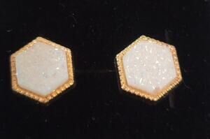 White Druzy Earrings Post Back Gold Framed Hexagon NEW